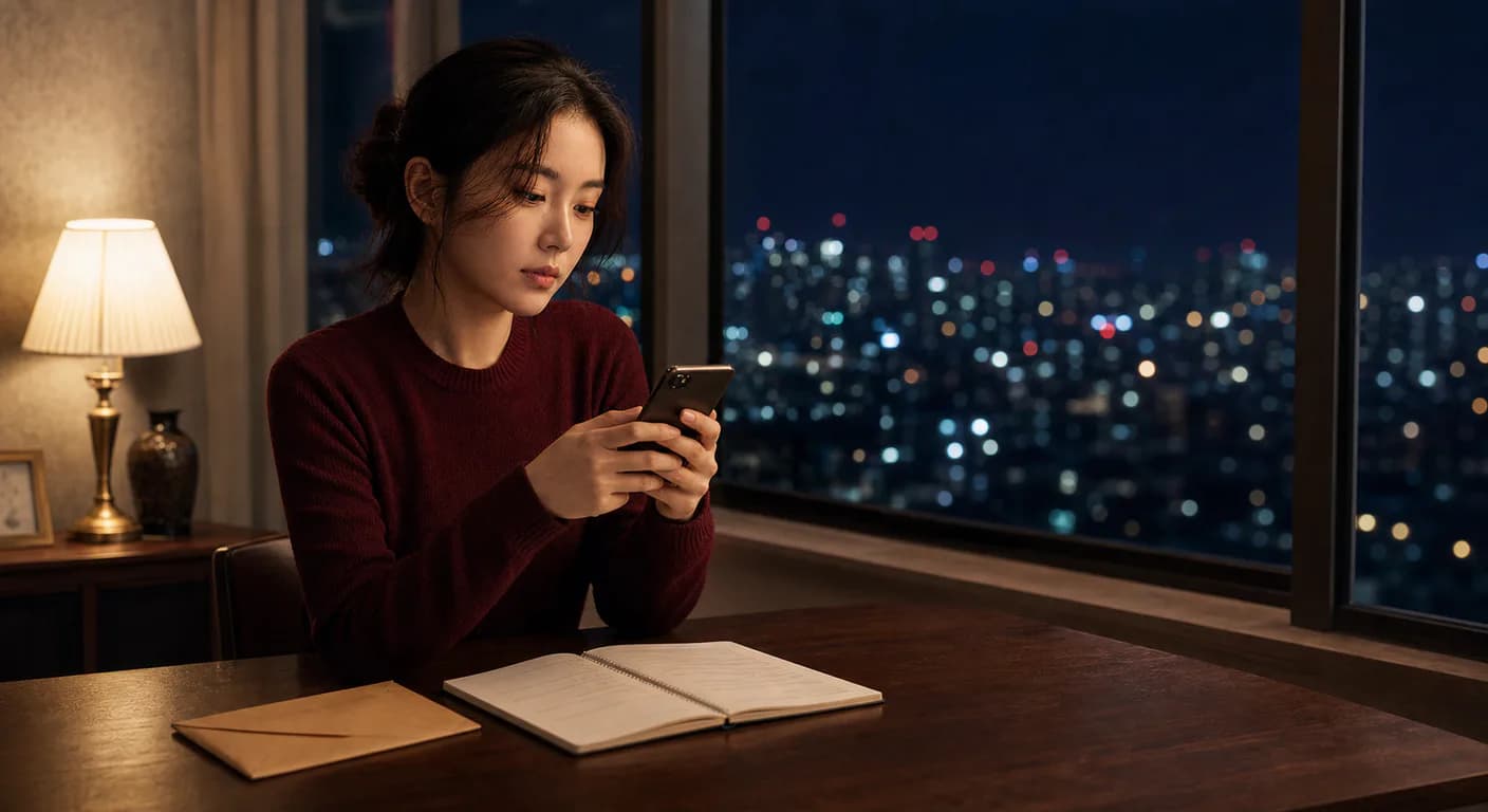 늦은 밤 휴대전화에 작성한 메시지를 보내기 전 차분히 고민하는 성인