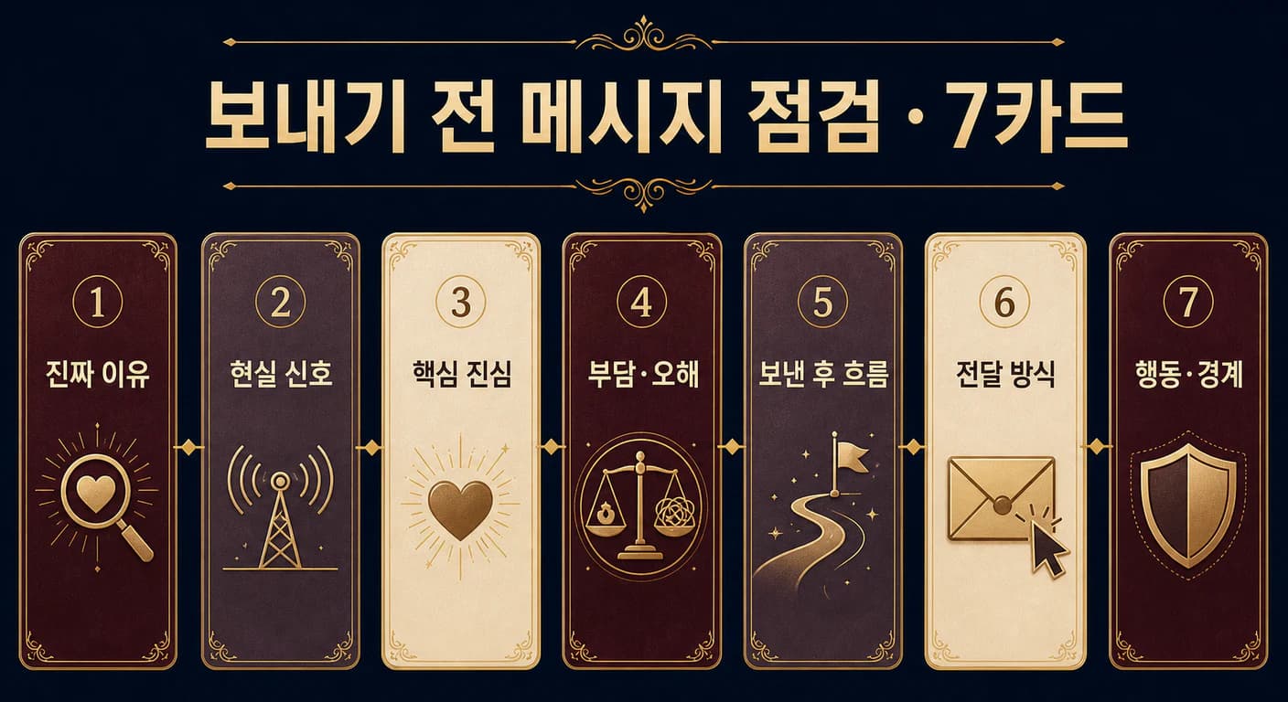연락 동기부터 최종 행동과 경계까지 이어지는 7카드 메시지 점검 스프레드
